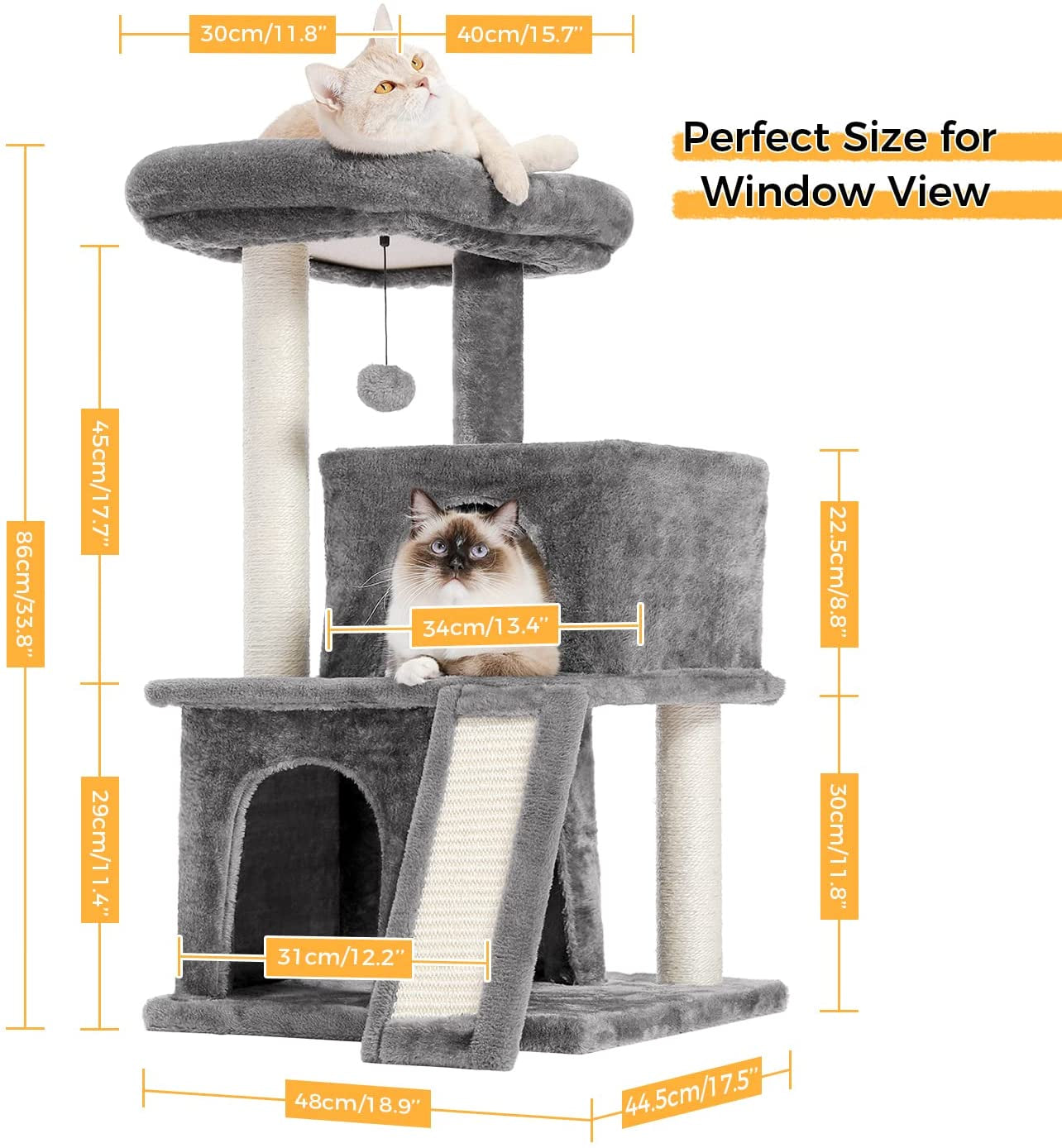 34 Inches Cat Tree Multilevel Cat Tower with Double Condos, Spacious Perch, Fully Wrapped Scratching Sisal Post and Replaceable Dangling Balls Gray