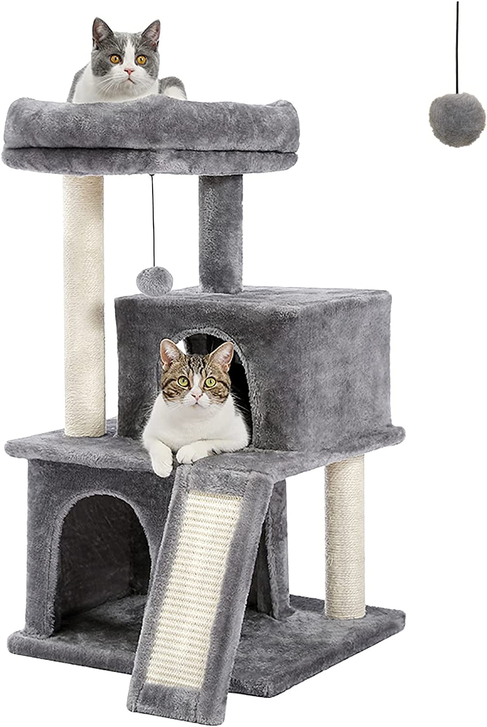 34 Inches Cat Tree Multilevel Cat Tower with Double Condos, Spacious Perch, Fully Wrapped Scratching Sisal Post and Replaceable Dangling Balls Gray