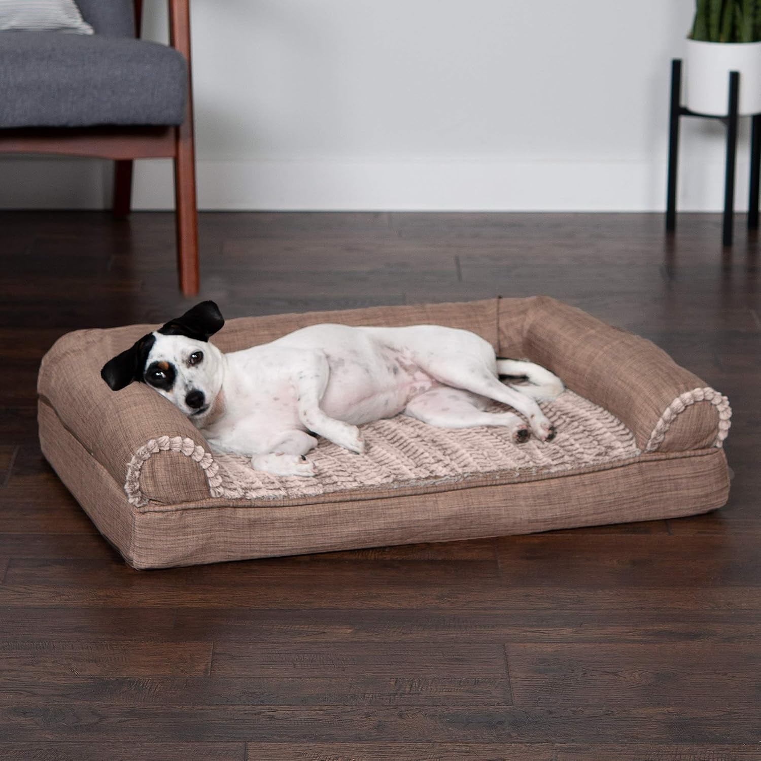 Memory Foam Dog Bed for Medium/Small Dogs W/ Removable Bolsters & Washable Cover, for Dogs up to 35 Lbs - Luxe Faux Fur & Performance Linen Sofa - Woodsmoke, Medium