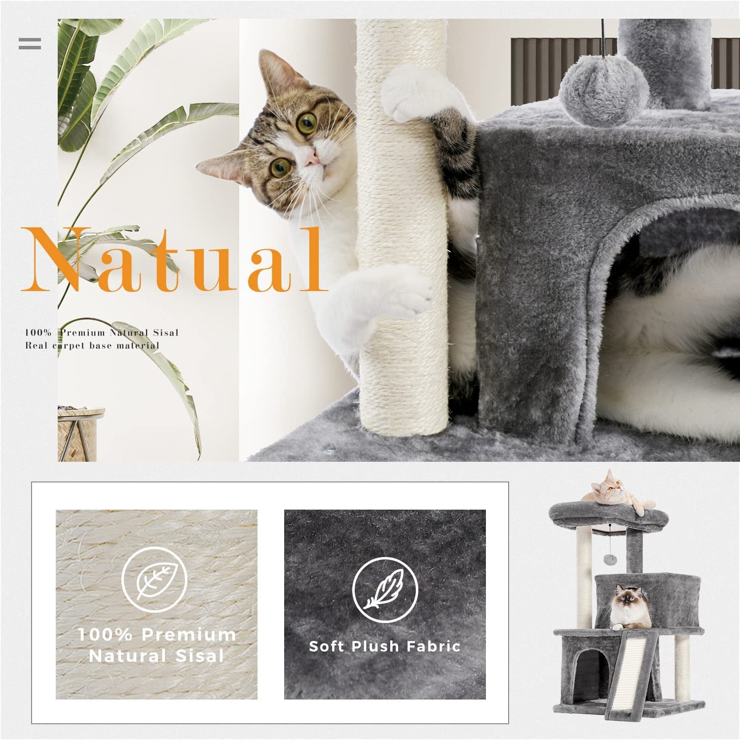 34 Inches Cat Tree Multilevel Cat Tower with Double Condos, Spacious Perch, Fully Wrapped Scratching Sisal Post and Replaceable Dangling Balls Gray