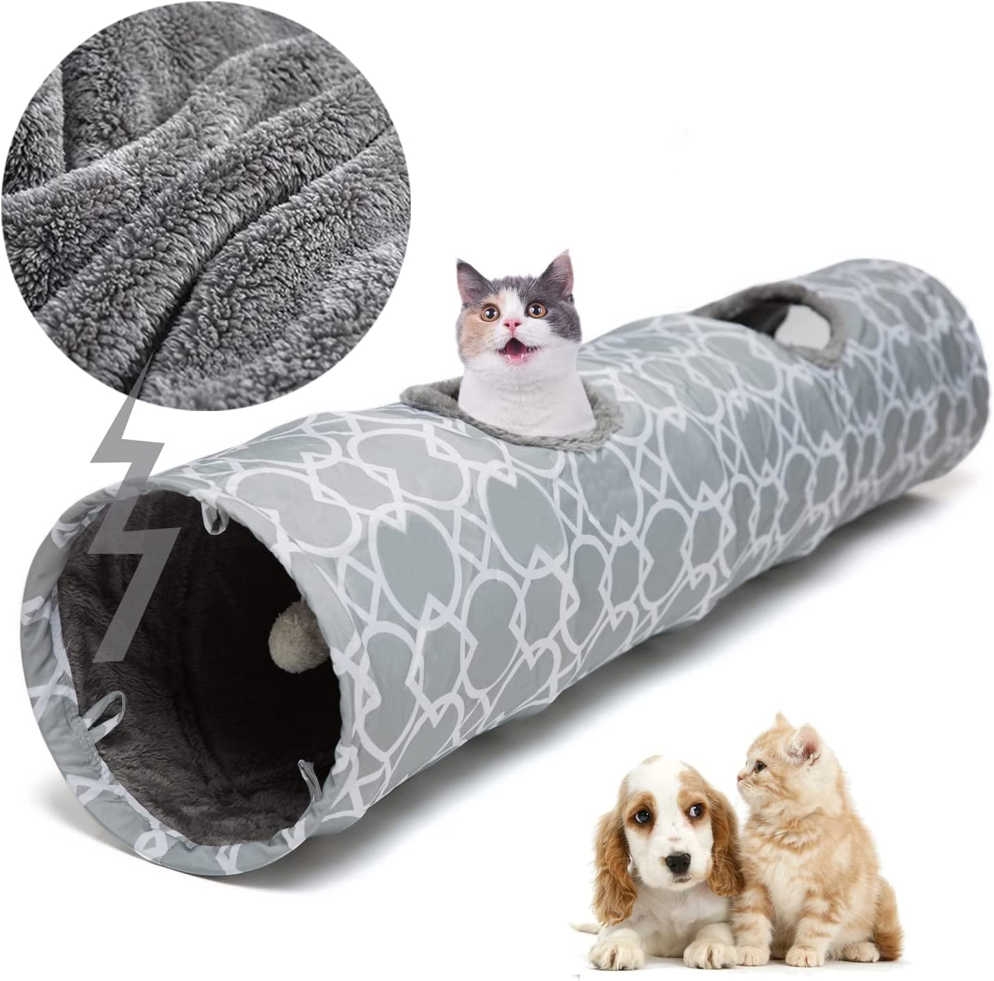 Geometric Straight Cat Tunnel with Plush Inside,Cats Toys Collapsible Tunnel Tube with Balls, for Rabbits, Kittens, Ferrets,Puppy and Dogs, Diameter 9.8 Inch