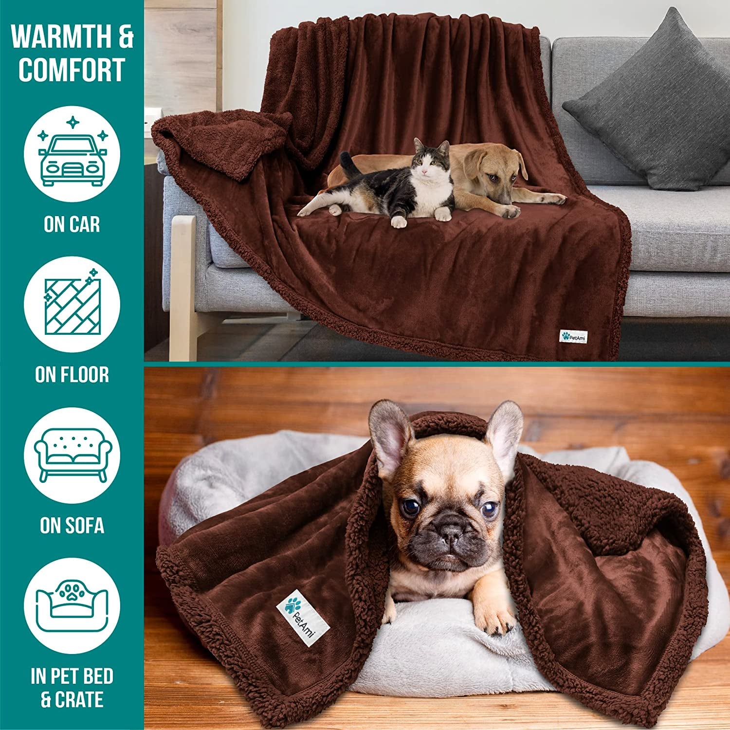 WATERPROOF Dog Blanket for Medium Large Dog, Pet Puppy Blanket Couch Cover Protection, Sherpa Fleece Cat Blanket, Sofa Bed Furniture Protector Reversible Soft Plush Washable, 60X40 Brown Brown