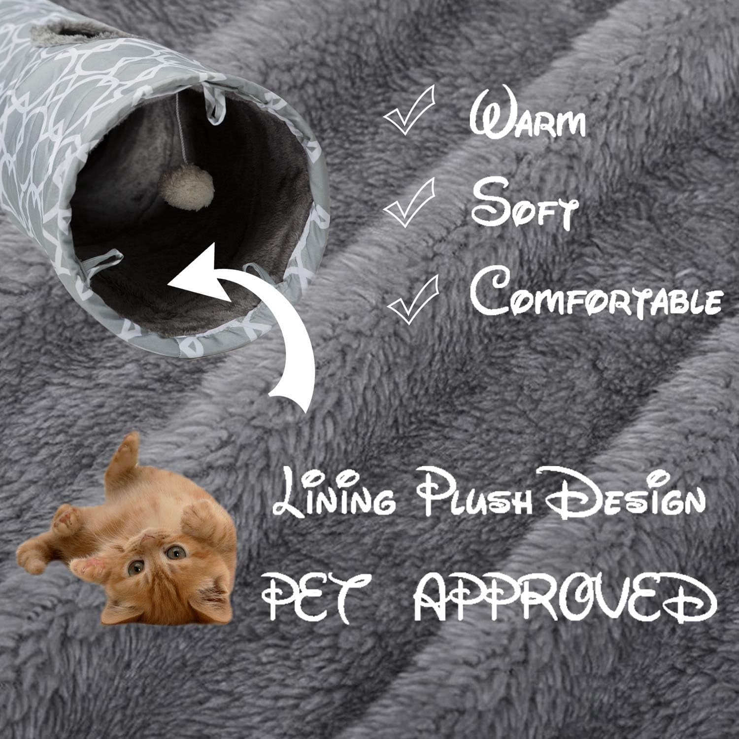 Geometric Straight Cat Tunnel with Plush Inside,Cats Toys Collapsible Tunnel Tube with Balls, for Rabbits, Kittens, Ferrets,Puppy and Dogs, Diameter 9.8 Inch